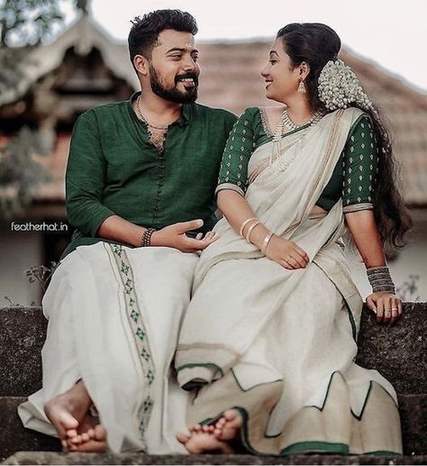 South Look Photoshoot, Onam Photoshoot Ideas Couple, South Indian Couple Photography, Kerala Engagement Couple Dress, Kerala Pre Wedding Photoshoot, Prewedding Photoshoot In Saree, South Indian Pre Wedding Photoshoot, Kerala Engagement Dress, Indian Wedding Poses