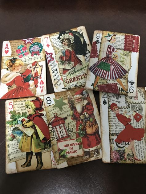 Christmas Atc Cards Ideas, Art Trading Cards Ideas, Atc Cards Ideas Inspiration, Christmas Atc's Trading Cards, Artist Trading Cards Ideas, Atc Cards Ideas, Collage Christmas Cards, Playing Card Crafts, Trading Card Ideas