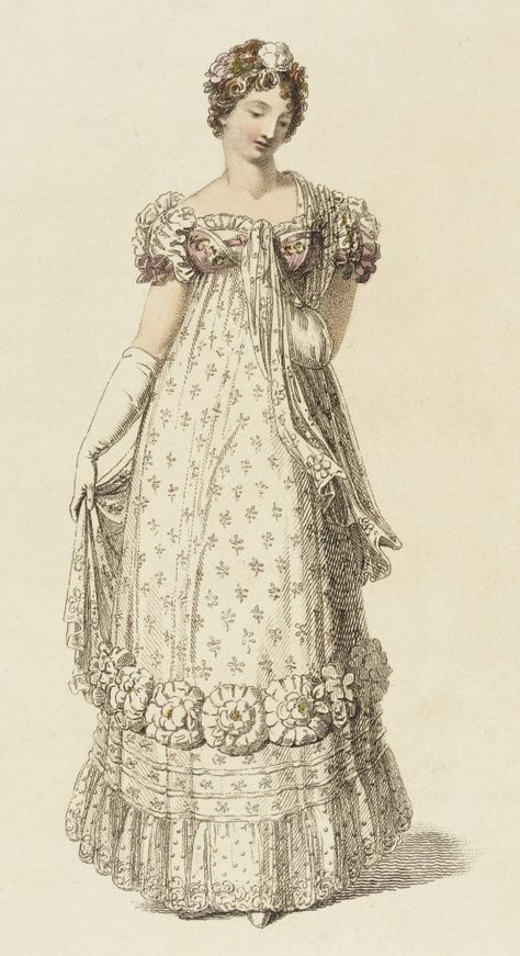 Fashion Plate (Evening Dress) | LACMA Collections 1810s Dress, 1800 Dresses, Empire Clothing, 1820 Fashion, Bridgerton Vibes, Empire Fashion, 1820s Fashion, Victorian Era Fashion, Regency Era Fashion