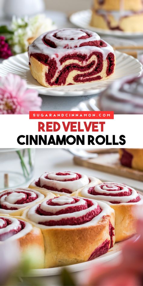 These Red Velvet Cinnamon Rolls are soft and fluffy, filled with a swirl of cinnamon-sugar goodness, and topped with a creamy, luscious frosting. Cinnamon Roll Red Velvet, Vanilla Cinnamon Rolls, Red Velvet Cinnamon Rolls From Box Cake, Flavor Cinnamon Rolls, Red Velvet Rolls, Red Velvet Cinammon Roll, Hot Cocoa Cinnamon Rolls, Red Velvet Cinnamon Rolls From Scratch, Cinnamon Rolls Flavors