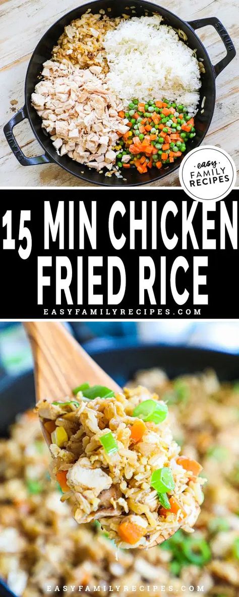 15 Minute Chicken Fried Rice · Easy Family Recipes 15 Minute Chicken, Chicken Fried Rice Recipe Easy, Chicken Fried Rice Easy, Can Chicken Recipes, Fried Rice Recipe Easy, Chicken Fried Rice Recipe, Easy Rice Recipes, Quick Chicken, Rotisserie Chicken Recipes