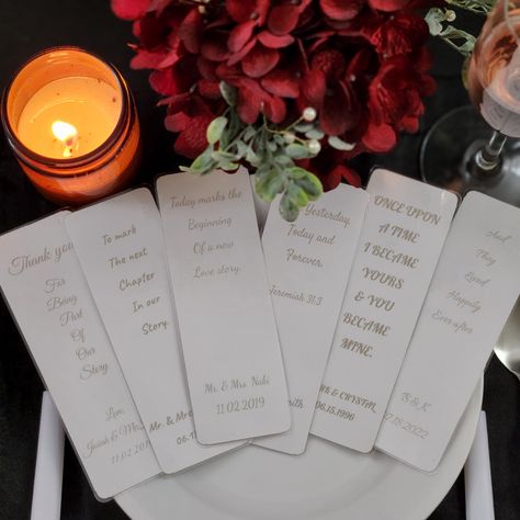 Congratulations on your upcoming wedding! These classy bookmarks will make for a perfect wedding favor! I customize them with your names and date and an option of six different sayings! Bookmarks To Make, Classy Wedding Favors, Diy Bookmark, Dusty Rose Wedding, Dusty Blue Weddings, How To Make Bookmarks, Classy Wedding, Navy Wedding, Wedding Table Settings