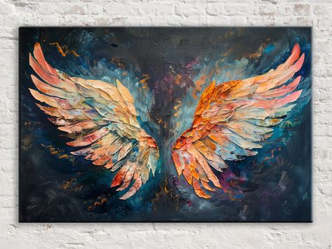 RADIANT WINGS!! Created or curated by the artist RYAN JAMES. Transform your home into a haven of urban chic with this graffiti-style angel wings canvas print, a bold and expressive addition to any modern decor. QUALITY: This canvas is a high-quality reproduction of the artist's original work. Printed on high quality, artist grade stock and folded around a lightweight 1.25" thick Wooden frame to give them a gorgeous, gallery ready appearance. With acid free ink that will last without fading or ch Nashville Angel Wing Mural, Heavy Texture Painting, Chic Paintings, Painting Wings, Wing Painting, Wooden Angel Wings, Painted Wings, Wings Painting, Angel Wings Painting