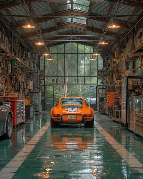 Dream Garage Man Cave, Tuner Garage, Garage Courtyard, Garage Aesthetic, Vintage Car Garage, Porsche Garage, Garage Design Interior, Dunes House, Cars Photography