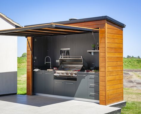 How to design an outdoor kitchen | Real Homes Outdoor Kitchen Ideas Diy, Bbq Shelter Ideas, Bbq Shed, Outdoor Kitchen Design Layout Grill Area, Small Outdoor Kitchens, Cocina Diy, Outdoor Bbq Area, Outdoor Cooking Area, Outdoor Kitchen Decor