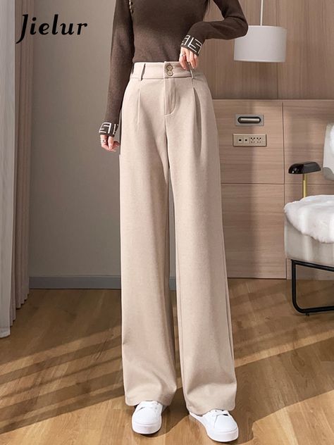 Jielur Woolen Wide Leg Pants Black Khaki Winter Korean Style Women Trousers High Waist Loose Wide Leg Pants Black, Korean Style Women, Fashion Capsule Wardrobe, Women Trousers, Fashion Capsule, Style Mistakes, Black Khakis, Style Women, Grey Khakis