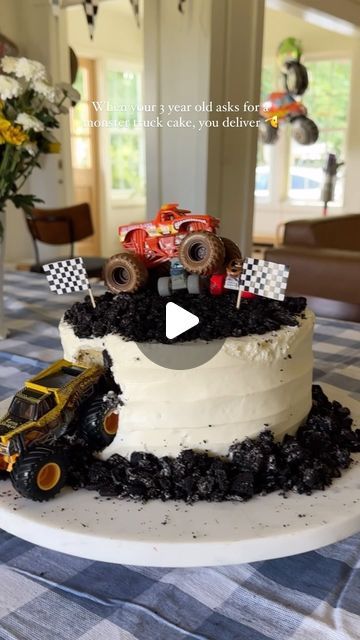 Truck Cake 2nd Birthday, Diy Monster Truck Birthday Cake, Oreo Monster Truck Cake, Monster Truck 3rd Birthday Party Cake, Monster Truck Number Cake, Monster Truck Theme Party Food, How To Make A Truck Cake, Simple Monster Truck Party, Monster Truck Ice Cream Cake