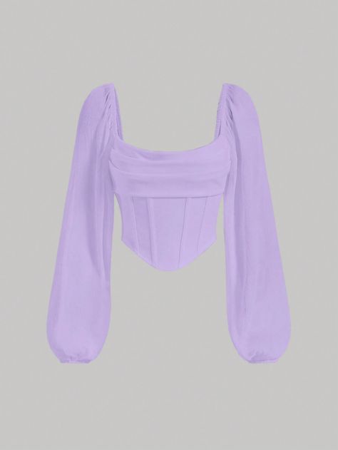 Lantern Sleeve Ruched Bust Crop Purple Headscarf Hem Asymmetrical Top Purple Casual  Long Sleeve Knitted Fabric Plain  Slight Stretch  Women Clothing, size features are:Bust: ,Length: ,Sleeve Length: Lavender Shirts Women, Purple Top Outfit, Surprise Dance Outfits, White Blouse Designs, Quince Planning, Lilac Top, Lavender Tops, Purple Crop Top, Cute Dress Outfits