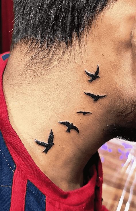 Neck Tattoo Design Images (Neck Ink Design Ideas) Small Tattoos On Neck Men, Birds Neck Tattoo Men, Bird Neck Tattoos Women, Neck Side Tattoo Men, Birds On Neck Tattoo, Neck Text Tattoo, Birds Tattoo On Neck, Birds Neck Tattoo, Neck Bird Tattoo