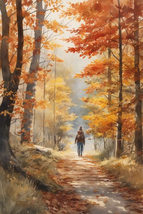 Fall Forest Watercolor, Autumn Forest Drawing, Fall Scene Drawing, Fall Watercolor Landscape, Autumn Forest Illustration, Autumn Forest Painting, Forest Drawing, Fall Canvas Painting, Fall Landscape Photography