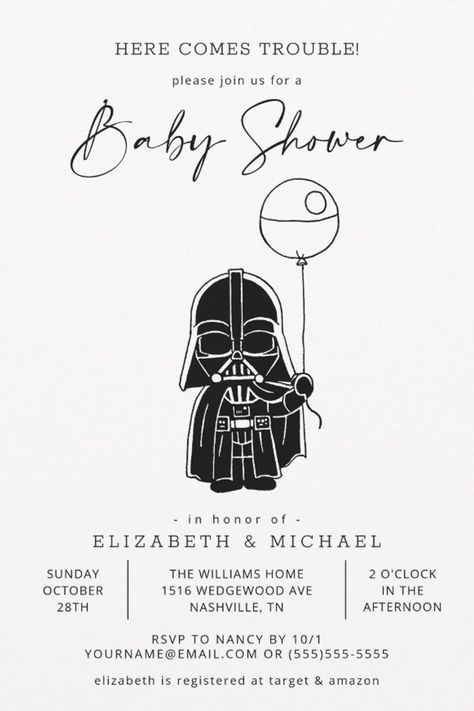 Star Wars | Darth Vader Balloon Baby Shower Invitation
Invite all your family and friends to your Baby Shower with these cute Darth Vader invitations. Personalize by adding all your shower details! Darth Vader Invitations, Star Wars Baby Shower Invitations, Star Wars Themed Baby Shower Ideas, Starwars Baby Shower Ideas Boys, Star Wars Baby Announcement, Star Wars Baby Shower Ideas, Darth Vader Balloon, Star Wars Pregnancy Announcement, Star Wars Baby Shower Decorations