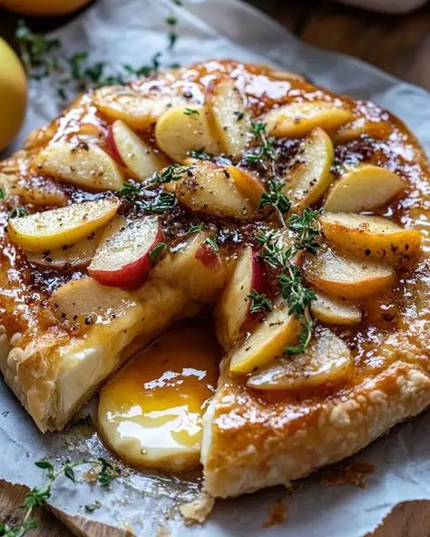 Golden baked brie topped with caramelized apples and fresh thyme creates a warm, savory-sweet appetizer perfect for holidays. Apple Baked Brie, Brie Toppings, Baked Brie Recipes, Cheese Crostini, Caramelized Apples, Sweet Appetizer, Brie Appetizer, Goat Cheese Crostini, Thyme Recipes