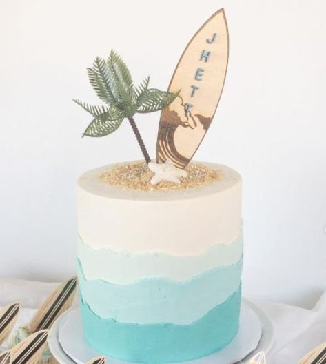 Surfing Cakes For Men, Surf First Birthday Cake, Surfboard Cake Ideas, Surfing Theme Cake, Wave Smash Cake, Island Themed Cake, Water Theme Birthday Cake, Surfer Party Decorations, Surf Themed Cake