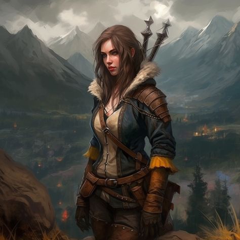 Brown Haired Female Character Design, Female Witcher Character Design, Witcher Character Art, Female Witcher Oc, Female Witcher, Female Leather Armor, Sorceress Art, Witcher Oc, Background Mountain