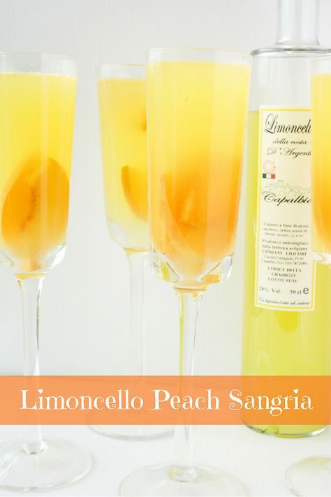 A refreshing, citrusy sangria with fresh peaches and Limoncello! Limoncello Sangria, White Party Foods, Limoncello Recipe, Lime Sorbet, Peach Drinks, Peach Sangria, Fruit Serving, Riesling, Drink Up