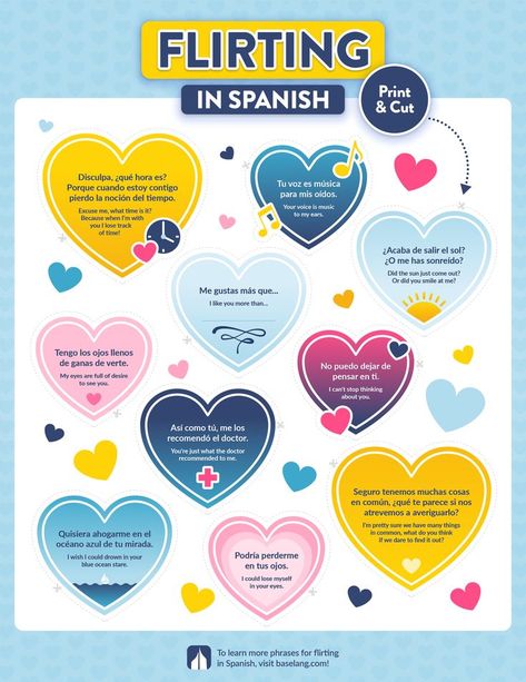 Flirting can be tricky and intimidating if you don’t know what to say. Saying it in Spanish, however, might just take it up a notch! Check out this video for some of our favorite Spanish romantic expressions. How To Flirt In Spanish, Flirt In Spanish, Spanish Flirting Phrases, Compliments In Spanish, Spanish Flirting, Happy In Spanish, Spanish Love Phrases, Romantic Expressions, Love In Spanish