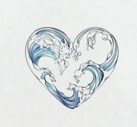 Heart Wave Tattoo The Ocean, Ocean Wave Heart Tattoo, Water Heart Tattoo, Ocean Heart Tattoo, Ocean Aesthetic Tattoo, Ocean Flower Tattoo, Ocean Inspired Tattoos, Wellen Tattoo, Starfish Tattoo