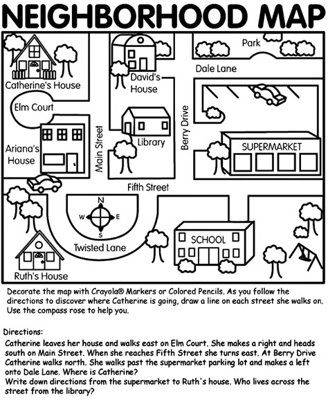 This neighborhood map can be used for teaching map skills to primary age children through relative terms using their own environment. This map can be adapted to teach certain map skills, terms of location, and spatial relationships. Teaching Map Skills, Social Studies Maps, Teaching Maps, Araling Panlipunan, Kindergarten Social Studies, Map Worksheets, Map Making, Homeschool Geography, Map Activities