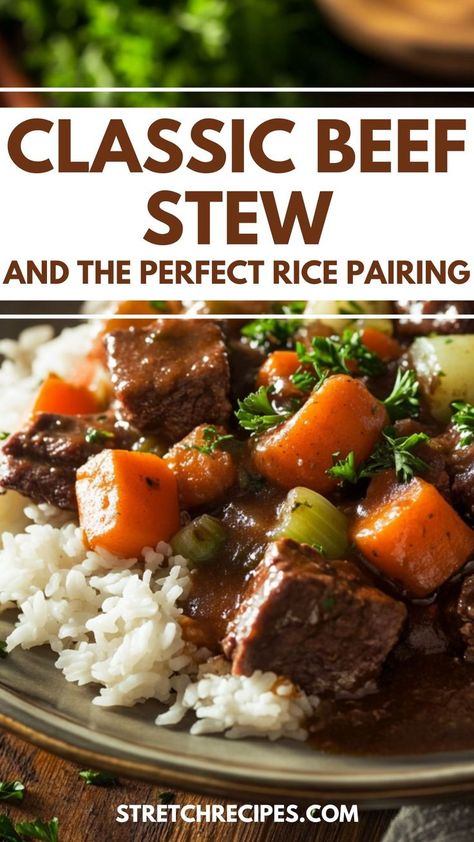 Warm up with this classic beef stew served over rice! The long-grain white rice adds the perfect texture to complement the rich, savory stew. Whether you're using Jasmine rice or long-grain brown rice, this dish is an easy go-to for a comforting and satisfying meal. Save this pin now and click through for the full recipe! Recipes With Jasmine Rice, Simple Beef Stew, Classic Beef Stew Recipe, Best Rice Recipe, Jasmine Rice Recipes, Mexican Rice Easy, Classic Beef Stew, Easy Beef Stew, Best Rice