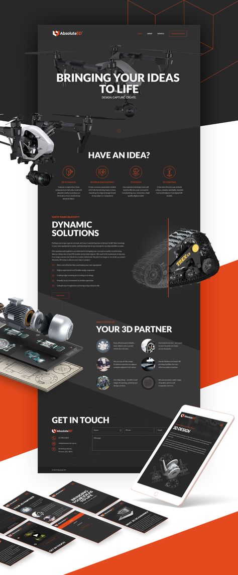 Dark style 3D printing and technical home page website UI & UX design. 3d Printing Website Design, Website Design Engineering, Radio Website Design, Technical Website Design, 3d Website Design Inspiration, Industrial Web Design, Industrial Poster Design, Software Website Design, Website Blueprint