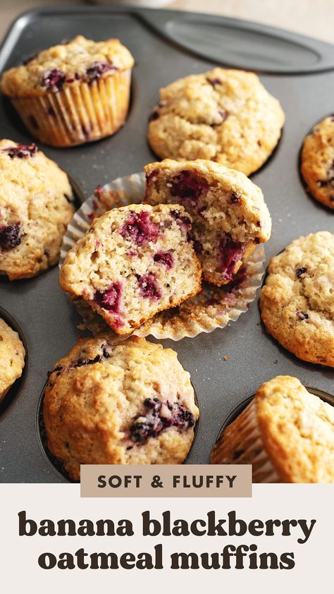 These banana blackberry oatmeal muffins are soft and fluffy with the delicious flavours of banana bread and tart blackberries. They're the perfect muffins for breakfast or a snack! Snack Muffins, Blackberry Oatmeal, Blackberry Muffins, Blackberry Muffin, Muffins For Breakfast, Banana Oat Muffins, Banana Cupcakes, Banana Bread Muffins, Filled Muffins