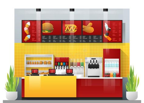 Interior Scene Of Modern Fast Food Restaurant Stock Vector - Illustration of food, business: 126076542 Fast Food Kiosk Design Ideas, Small Fast Food Restaurant Interior, Cursed Mcdonalds, Fast Food Design Interior Small, Fast Food Restaurant Design Small, Modern Fast Food Restaurant Design, Fast Food Restaurant Design Interiors, Fast Food Counter Design, Fast Food Shop Design