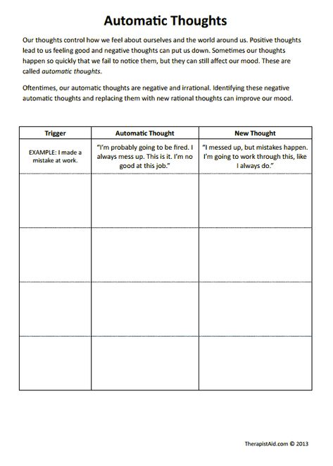 Automatic Thoughts (Worksheet) | Therapist Aid Negative Thoughts Worksheet, Thoughts Worksheet, Automatic Thoughts, Challenging Negative Thoughts, Anger Worksheets, Cbt Worksheets, Counseling Worksheets, Conscious Awareness, Child Therapy