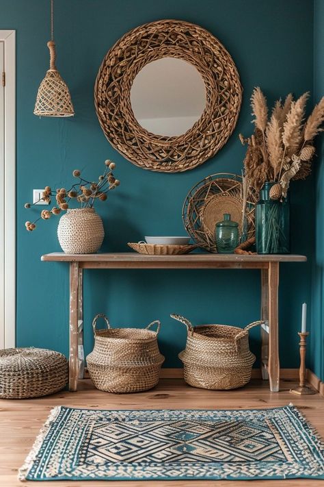 29 Blue Boho Interior Ideas for a Serene and Stylish Space 4 Teal Entryway, Boho Entryway Ideas, Blue Boho Living Room, Modern Boho Wall Decor, Console Ideas, Teal Wall Decor, Fall Interior Design, Boho Entryway, Teal Interiors