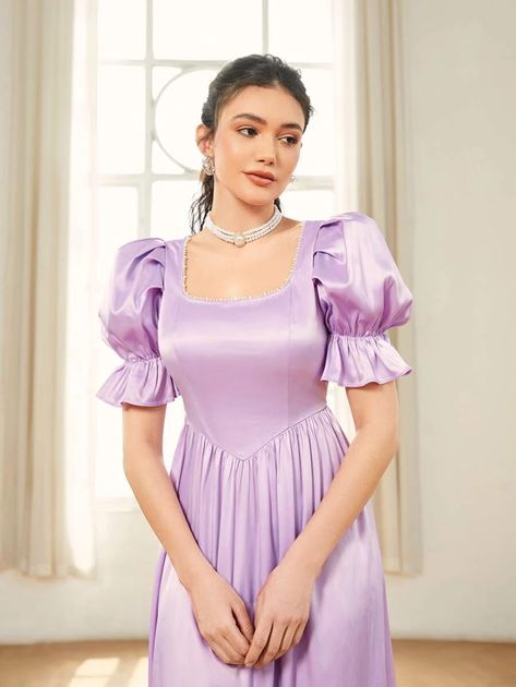 SHEIN Puff Sleeve Flare Hem Satin Dress | SHEIN USA Satin Frocks For Women, Satin Frock, Purple Satin Dress, Hand Dress, Party Aesthetic, Frock For Women, Satin Dress Long, Purple Satin, Satin Gown