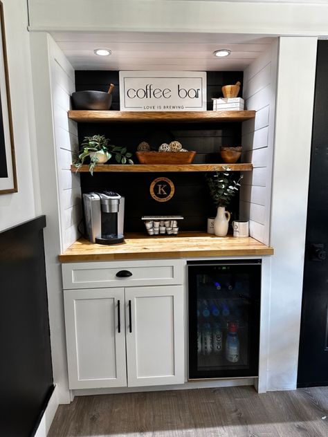 Our Coffee bar Coffee Bar From Kitchen Desk, Coffee Bar Built In Kitchen, Coffee Bar With Butcher Block Top, Wet Bar Coffee Station, Coffee Bar Nook Ideas, Coffee Liquor Bar Ideas, Closet To Coffee Bar, Coffee Bar In Closet, Desk To Coffee Bar