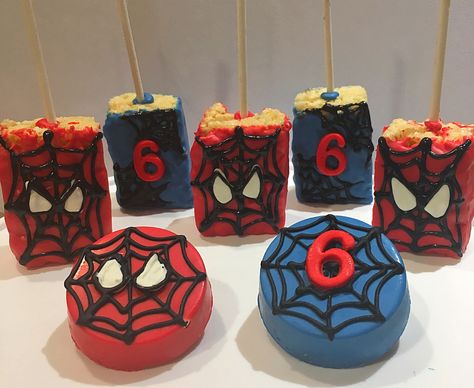 Spider Man Oreos, Spider Man Chocolate Covered Oreos, Spider Man Party Treats, Spider Man Rice Crispy Treats, Spiderman Rice Crispy Treats, Spider Man Treats, Chocolate Designs, Spider Cake, Spiderman Birthday Cake