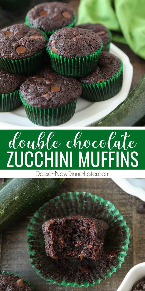 Chocolate Zucchini Muffins have double the chocolate, with cocoa powder and chocolate chips in the batter. They're unbelievably moist, delicious, and a great recipe to use up zucchini. Enjoy these double chocolate zucchini muffins for breakfast, a snack, or dessert. They freeze well too! Double Chocolate Zucchini Muffins, Thanksgiving Desserts Kids, Zucchini Muffin Recipes, Holiday Baking List, Chocolate Zucchini Muffins, Thanksgiving Desserts Easy, Zucchini Muffins, Low Sugar Recipes, Chocolate Zucchini