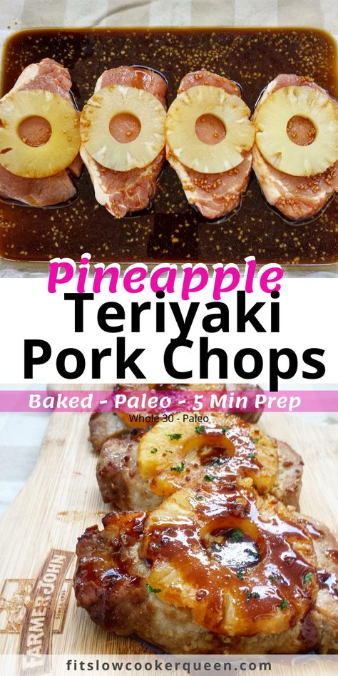 BAKED PINEAPPLE TERIYAKI PORK CHOPS - A homemade, paleo teriyaki sauce bakes on top of pork chops in this healthy yet flavorful recipe. So versatile it’s good for Sunday dinner or meal prep! #porkchops #pineappleporkchops #dinner Teriyaki Pork Chops, Pineapple Pork Chops, Pineapple Teriyaki, Sunday Dinner Ideas, Teriyaki Pork, Baked Pineapple, Pineapple Pork, Pork Chop Recipes Baked, Pork Chop Dinner