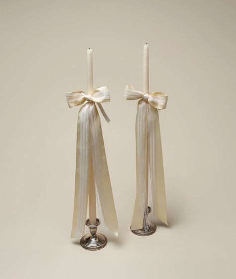 Dramatic and towering, this hand-dipped taper candle features a layered satin and lace bow.   24 inches tall.  New Color: Ivory & Cream (coming soon) Tafel Decor, Wedding Mood Board, Lace Bows, Wedding Mood, 가을 패션, Rehearsal Dinner, Wedding Bells, Engagement Party, Future Wedding