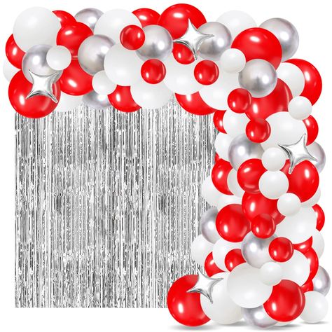 PRICES MAY VARY. Red White Balloon Garland Arch Kit: you will get 124pieces red and white balloons set, 20pcs red and white balloons 12inch, 65pcs 10inch red white balloons red and silver balloons, 30pcs red and white balloons 5inch, 6pcs silver star foil balloons, 1pc silver fringe curtain, 1pc 33ft arch strip, 1pc glue 100 dots. High Quality: our red white party balloons set is made of natural latex materials, more thicker enough to keep a good shape for a long time after inflation, so you don Red And White Birthday Party Decorations, Red And White Party Decorations, White Silver Balloon Garland, Red And White Balloons, Silver Balloon Garland, Foil Fringe Curtain, White Party Theme, Silver Balloons, White Baby Showers