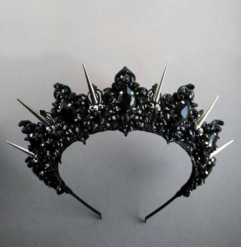 Crowns from the Exclusive Wedding Shop are always: * unique author's design * stunning detail * 100% handiwork * light weight for comfortable wearing * quality materials * large assortment for any occasion Luxurious black tiara.  Made of black light metal and crystal and beads. This design of a black crystal tiara will ideally look like a wedding crown, a crown for an adult birthday, for a party of Heloween, for a Goth wedding. The crown height in the center is about 2 inches.  The length of the Gothic Tiara Wedding, Gothic Queen Crown, Goth Wedding Crown, Gothic Wedding Crown, Black Wedding Necklace, Underworld Crown, Black Wedding Headpiece, Black Crown Aesthetic, Goth Birthday Ideas