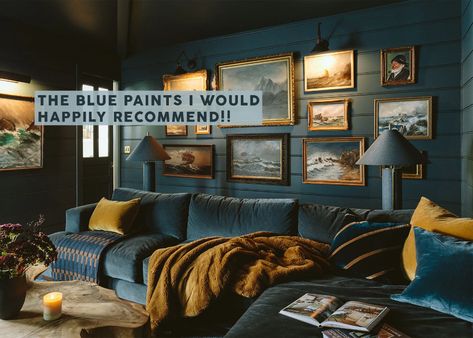 The Best/REALLY GOOD Blue Paint Colors That I've Used, Experienced, And Still Love - Emily Henderson Paint Colors With Blue Couch, Feminine Bonus Room, Blue Cabin Interior, Pacific Northwest Style Home Living Room, Blue Couch Wall Color, Blue Basement Walls, Low Ceiling Living Room Ideas, Den Colors, Blue Basement