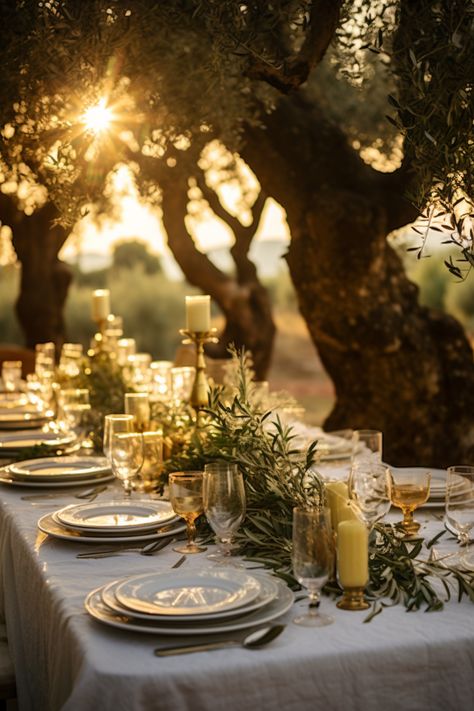 A wedding in Italy among the timeless olive trees. In a land abounding with wine and olive oil, where the light of the setting sun turns everything it touches into gold. In this setting, the bride and groom say ‚I do’ to each other, for the rest of their lives. Olive Branch Table Setting, Wedding Vineyard Ideas, Elegant And Romantic Wedding Decor, Olive Tree Themed Wedding, Olive Leaf Wedding Decor, Olive Themed Party, Tuscan Wedding Table Setting, Wedding Olive Theme, Olive Tree Wedding Decor