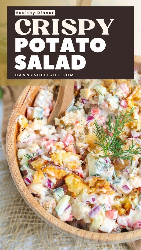 Looking for a new side dish? Crispy Potato Salad is your answer! Simple ingredients, big flavors. 🥔😋 #SideDishIdeas #RecipeInspiration Apple Salad Recipes, Vegan Potato Salads, Creamy Dressing, Potato Salad Recipe, Side Dishes For Bbq, Noodle Soup Recipes, Crispy Potatoes, Meal Prep Containers, Baked Potatoes