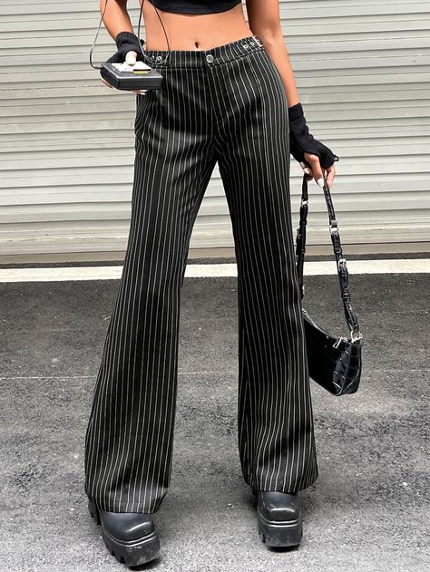 Black Casual Collar  Fabric Striped Flare Leg Embellished Non-Stretch  Women Bottoms Stripe Pants Outfit, Striped Flare Pants, Shein Icon, Flare Leg Pants, Bodycon Dress Parties, Flare Trousers, Women Pants, Dress Cuts, Pants Outfit