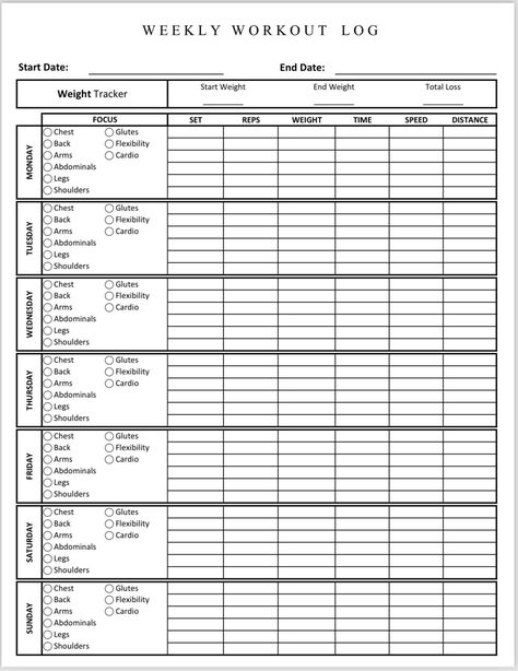 Stay organized and motivated with this comprehensive Weekly Workout Log. Perfect for fitness enthusiasts, personal trainers, and anyone looking to track their fitness journey effectively. Features: Weight Tracker: Monitor your progress with a dedicated weight tracking section. Daily Sections (Monday - Sunday): Record detailed information for each workout day, including: Focus Body Part Sets Reps Weight Time Speed Distance Available Sizes: Letter A4 A5 This printable file is designed to fit your