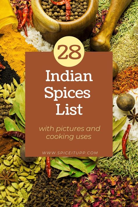 Indian Spices List, Spices List, Cooking Indian Food, Spice Chart, List Of Spices, Spice Combinations, Spice Blends Recipes, Spice Mix Recipes, Homemade Spice Blends