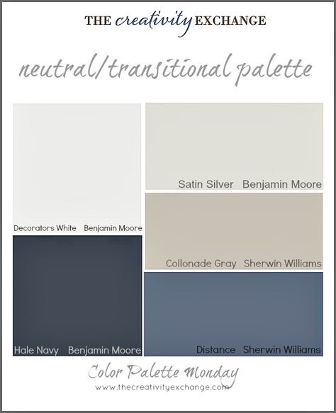 Color palette of neutral-transitional paint colors {Color Palette Monday} The Creativity Exchange Colors That Compliment Navy Blue, What Colors Go With Navy Blue, Transitional Paint Colors, The Creativity Exchange, Decorators White Benjamin Moore, Sherwin Williams Color Palette, Interior Paint Colors Schemes, Colorful Photos, Hale Navy