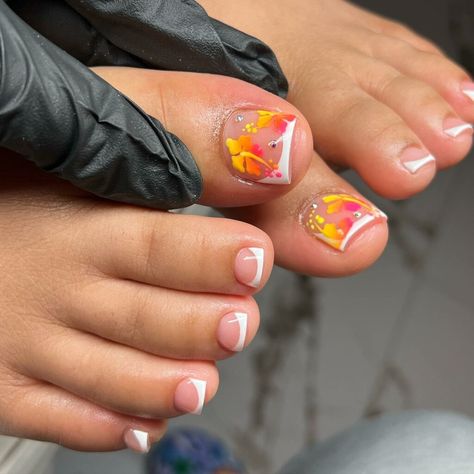 Abstract French Pedicure With Flower Design Pedicure With Flower Design, French Pedicure With Flower, Pedicure With Flower, Tropical Pedicure, Flower Pedicure Designs, Cute Pedicure Designs, Flower Pedicure, Toes Ideas, Flower Toe Nails