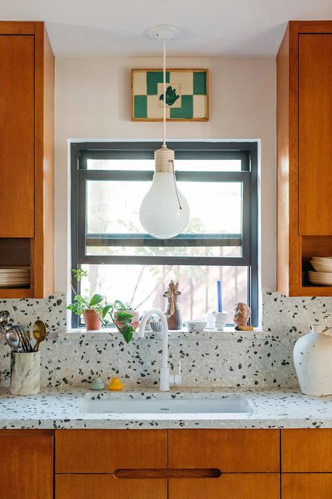 Red and Green Pair Up All Over This Dallas Home, But It Never Feels Like Christmas | domino Terrazzo Kitchen Countertops, Terrazzo Countertop, Terrazzo Kitchen, Concrete Collaborative, Blue Subway Tile, Kitchen 2023, Terrazzo Tile, Inspiring Interiors, Kitchen Farmhouse