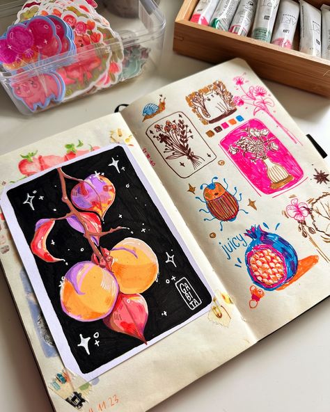 I really like the contrast of the more fine lineart on the right with the bold fruit study on the left. I really like to combine different art supplies and to see what I can do with them ✨ My sketchbook is soon finished and I‘m thinking to do a full sketchbook tour. Would you like that? A new cozy art vlog is also out now in my yt channel. I show you an insight how I create and print my artworks! 💖Saves & Shares are always appreciated💖 #cuteart #smallartist #paintmarkers #acrylmarkers #ske... Craft Sketchbook, Painting On Sketchbook, Full Sketchbook, Welcome To My Sketchbook, Colorful Sketchbook, Fruit Study, Sketchbook Studies, Cozy Art, Sketchbook Inspo