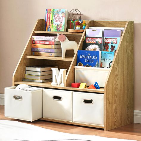 PRICES MAY VARY. Keep Book and Toy Clean and Organized - Versatile Storage Organizer: This multi-functional organizer features 3 storage bins, a 3-tier wooden bookshelf, and a display shelf, accommodating books of all shapes and sizes. It also offers ample space for building blocks, small trucks, plush animals, model cars, dolls, memorabilia, art supplies, and more. Its space-saving design ensures that books and toys are neatly organized and easily accessible. Durable and Sturdy: Made from high- Kids Book And Toy Storage, Under Stairs Toy Storage, Toddler Room Furniture, Kids Craft Organization, Book Storage Kids, Kids Room Bookshelf, Toy Storage For Living Room, Cozy Playroom, Montessori Toy Storage