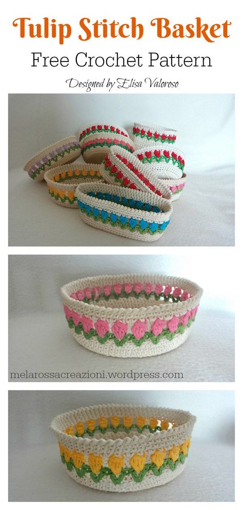 Tulip Stitch Basket Free Crochet Pattern #letscrochetfreepattern #crochetbasket #crochetflowerpattern Crochet Bowls, Tulip Stitch, Diy Crochet Basket, Spring Baskets, Crochet Basket Tutorial, Crochet Easter Basket, Crochet Tulip, Crochet Organizer, Crochet Basket Pattern Free