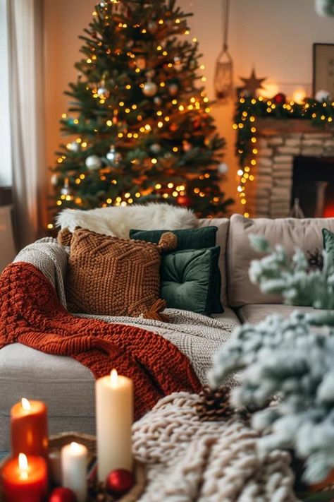 Elegant and Comfortable Christmas Theme Sofa Styles Orange Couch Christmas Decor, Christmas Home Decor Small Apartment, Autumn Christmas Decor, Christmas Aesthetic Room Ideas, Christmas Decor Studio Apartment, Christmas Home Decor Ideas Living Room, Christmas Pillows On Couch, Jul Decoration, Christmas Themed House