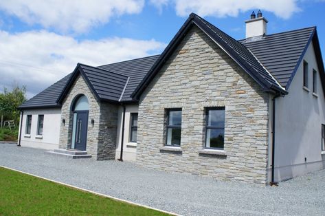 Bungalow With Black Windows, New Build Bungalow Ireland, Bungalow Exterior Ireland, New Build Ireland, Stone Bungalow Exterior, Stone Houses Modern, Bungalow House Design Ireland, Irish House Plans Bungalow, Bungalow Plans Ireland